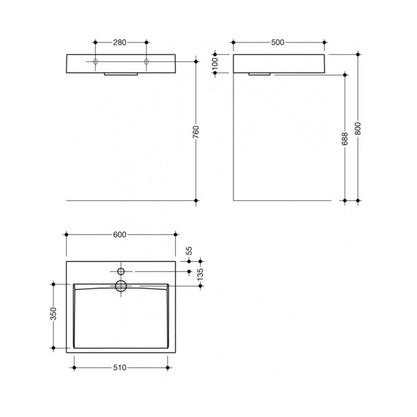 HEWI composite washbasin white square - no tap hole - NotJustTaps.co.uk